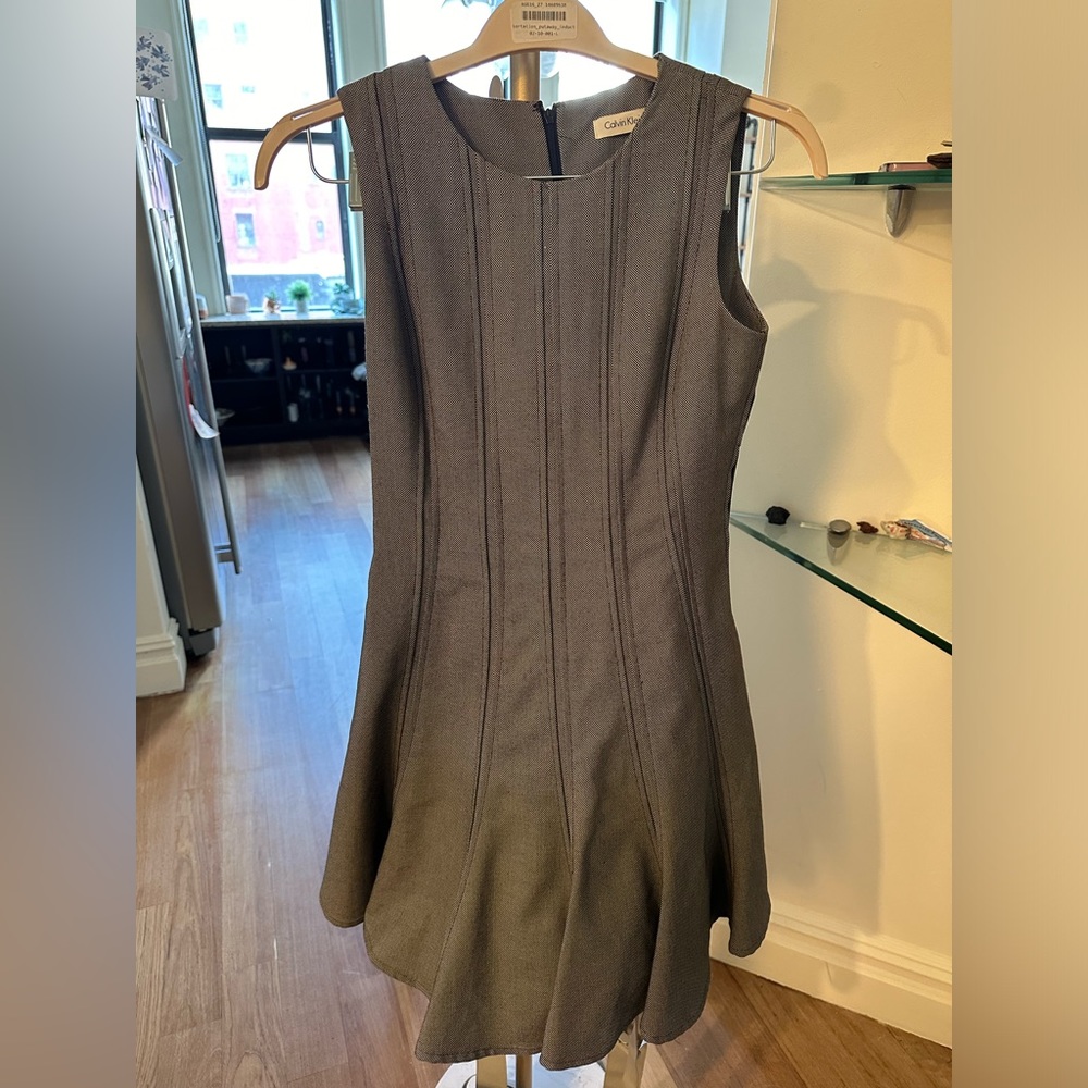 Calvin Klein gray and white pleated work dress